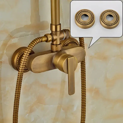 Modern brass rainfall shower faucet set with handshower featuring a brass-finished vintage shower faucet and twisted hose