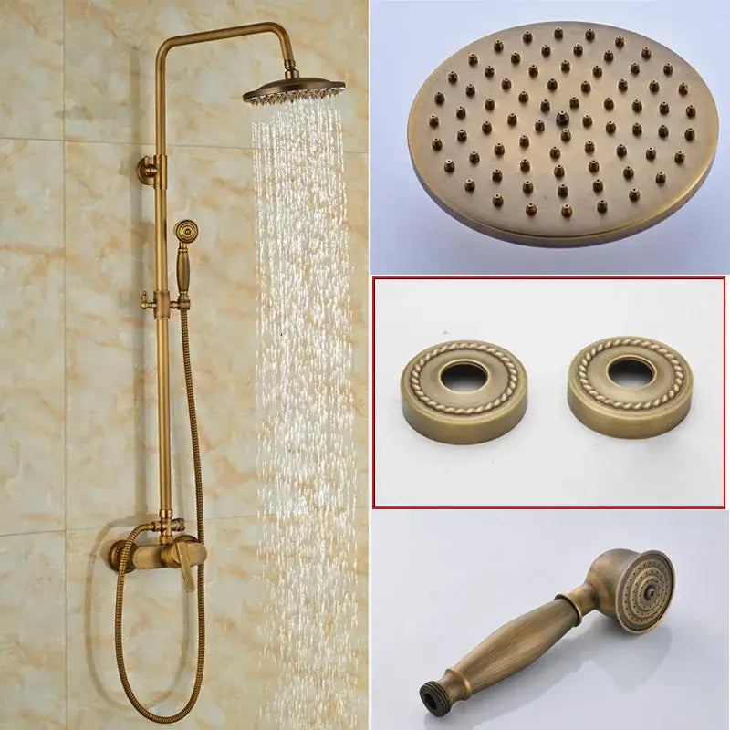 Modern brass rainfall shower faucet set featuring a tall wall-mounted rainhead and handheld spray nozzle with decorative base plates