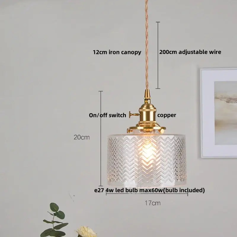 Modern brass ribbed clear glass pendant lamp with chevron texture and adjustable copper wire for dining room decorbites clear glass