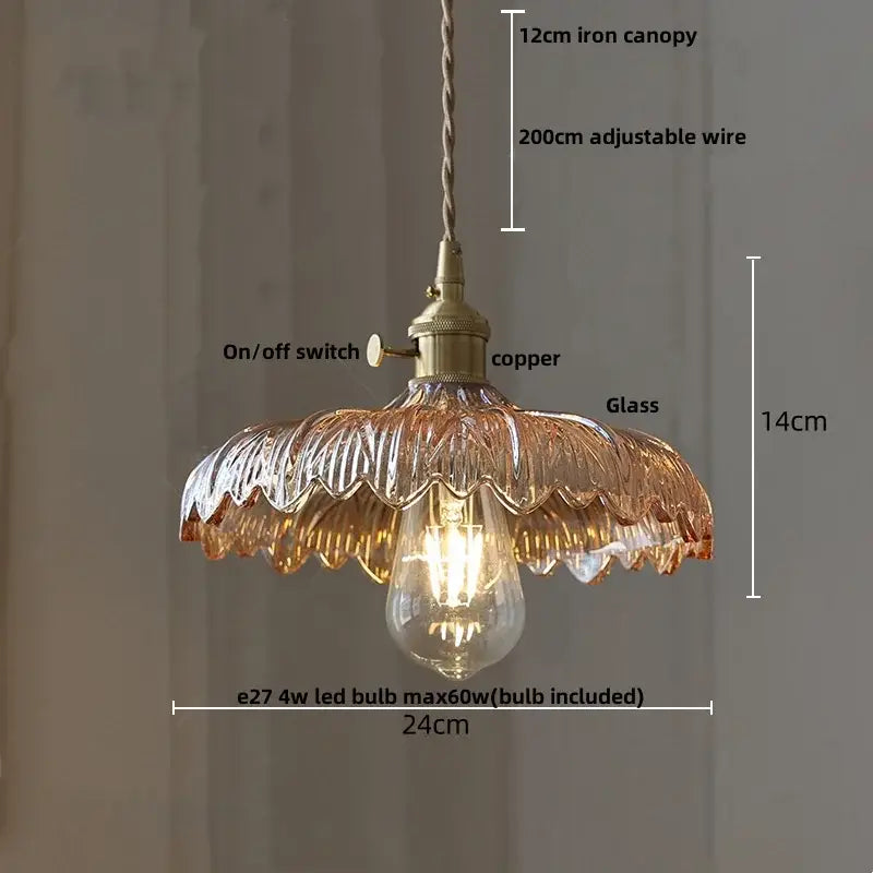 Modern brass ribbed clear glass pendant lamp with copper-finished fixture and scalloped amber glass shade decorbites clear glass
