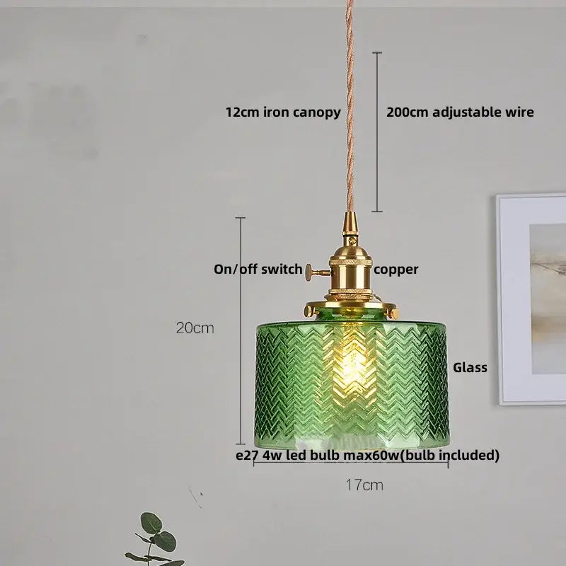 Modern brass ribbed clear glass pendant lamp with green textured chevron pattern and adjustable brass copper hardware