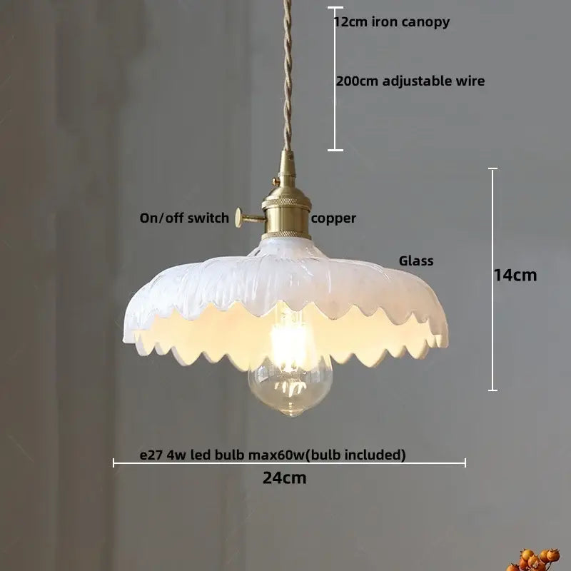 Modern brass ribbed clear glass pendant lamp with a delicate white scalloped glass shade and copper hardware for dining room decorbites clear glass