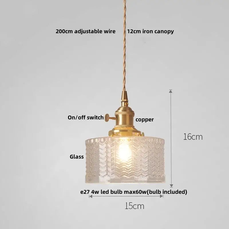 Vintage-style pendant lamp with brass copper finish and clear textured glass shade for dining room decorbites clear glass
