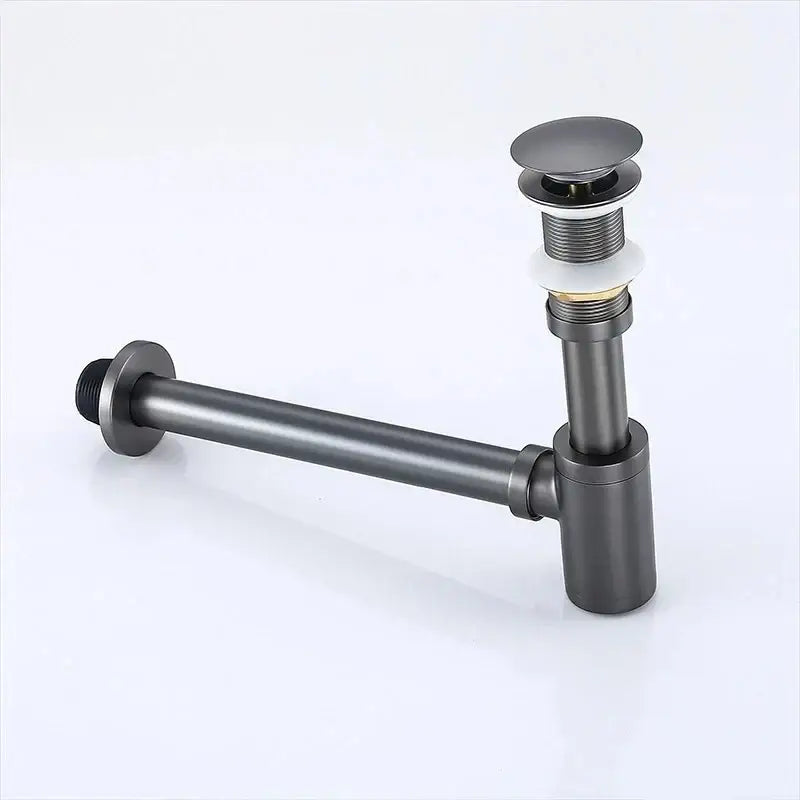 Matte black metal sink drain pipe with modern design and threaded connections in decorbites brass round siphon p-trap set