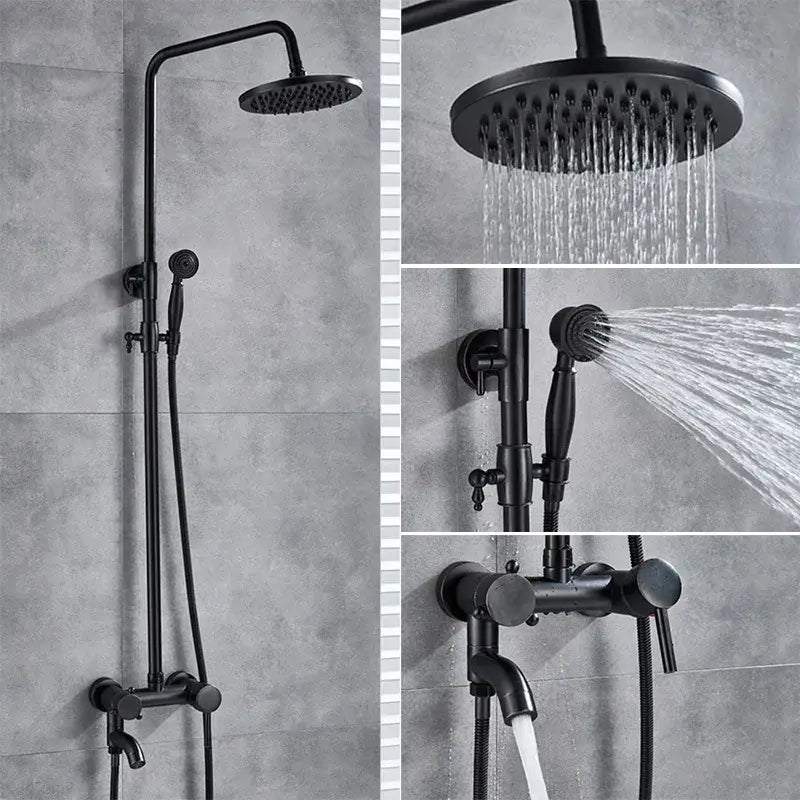 Modern brass shower set featuring a black matte decorbites brass shower with rainfall head and handheld sprayer