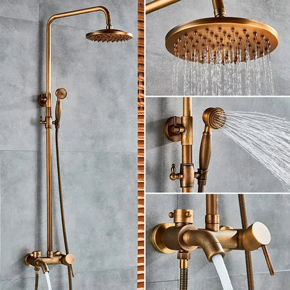 Modern brass shower set with fixed overhead rainhead handheld sprayer and wall-mounted control valve decorbites brass shower