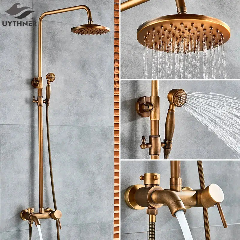 Modern brass shower set featuring a brass-finished rainfall head handheld sprayer and wall-mounted control valve decorbites brass shower