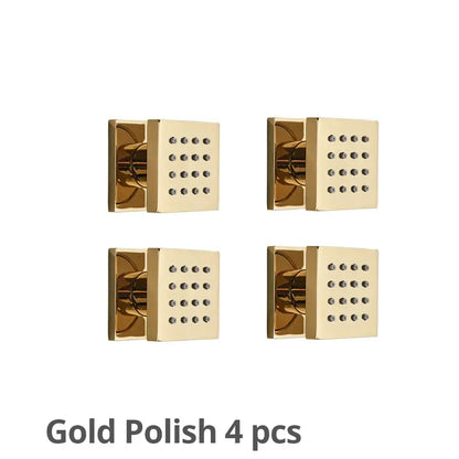 Modern brass square body shower jets with gold-polished finish and grid of small circular massage nozzles for bathroom decorbites