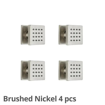 Brushed nickel decorbites brass square body shower jets with grid of small circular indentations for modern bathroom massage