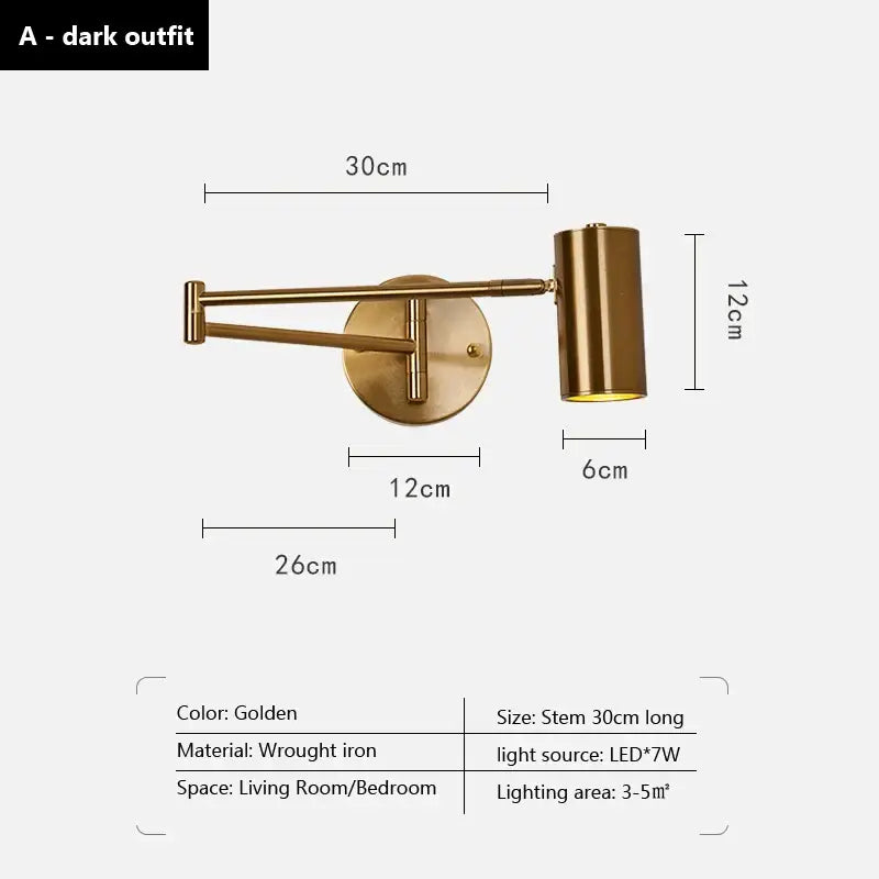 Golden wrought iron wall lamp with adjustable cylindrical lamp head modern brass swing arm decorbites adjustable swing