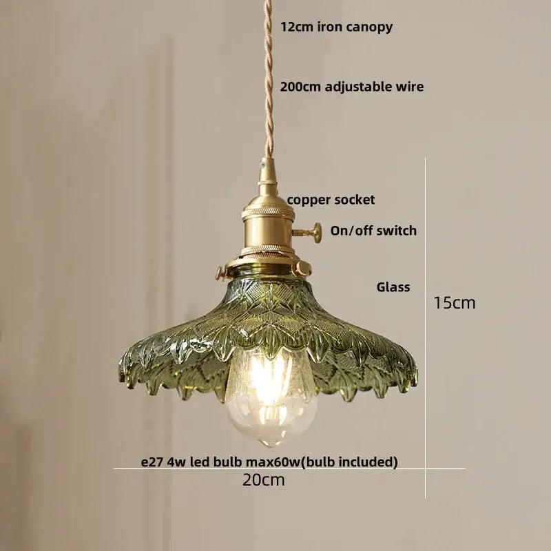 Antique-style green glass led pendant light with brass accents and adjustable copper wire suspension for kitchen use