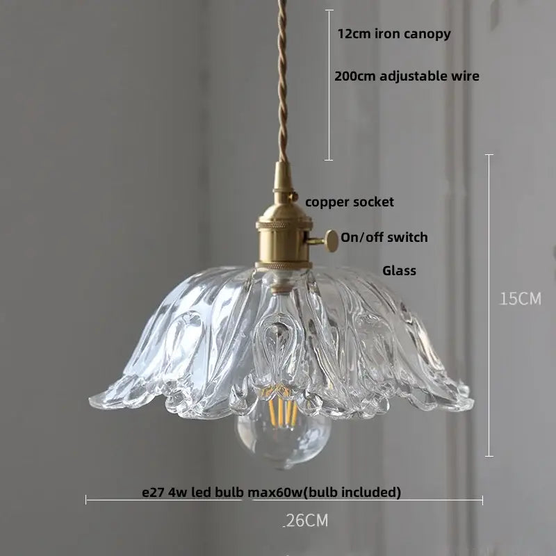 Modern brass textured glass led pendant light featuring a clear glass pendant light with brass copper socket and twisted iron canopy