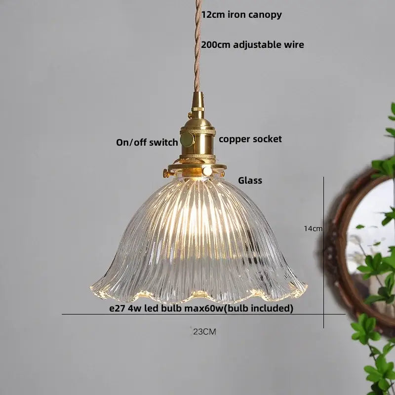 Modern brass textured glass led pendant light with clear ribbed glass and copper socket for kitchen use