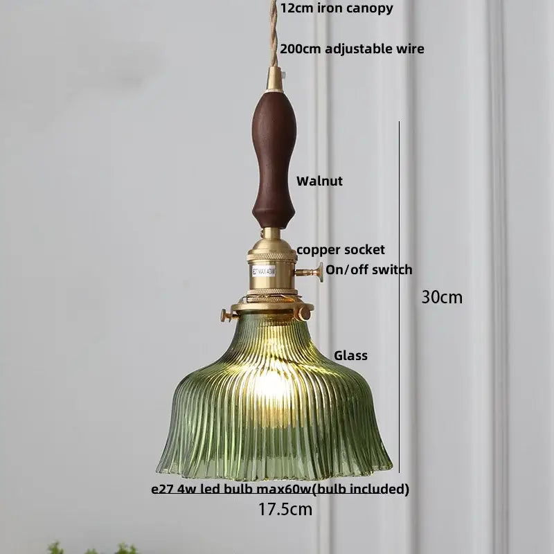 Modern brass textured glass led pendant light with green ribbed glass and walnut iron canopy for kitchen use