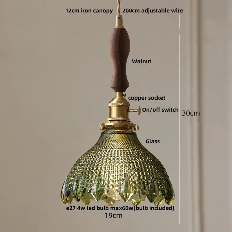 Modern brass textured glass led pendant light with olive green glass shade, brass socket, and walnut wood handle
