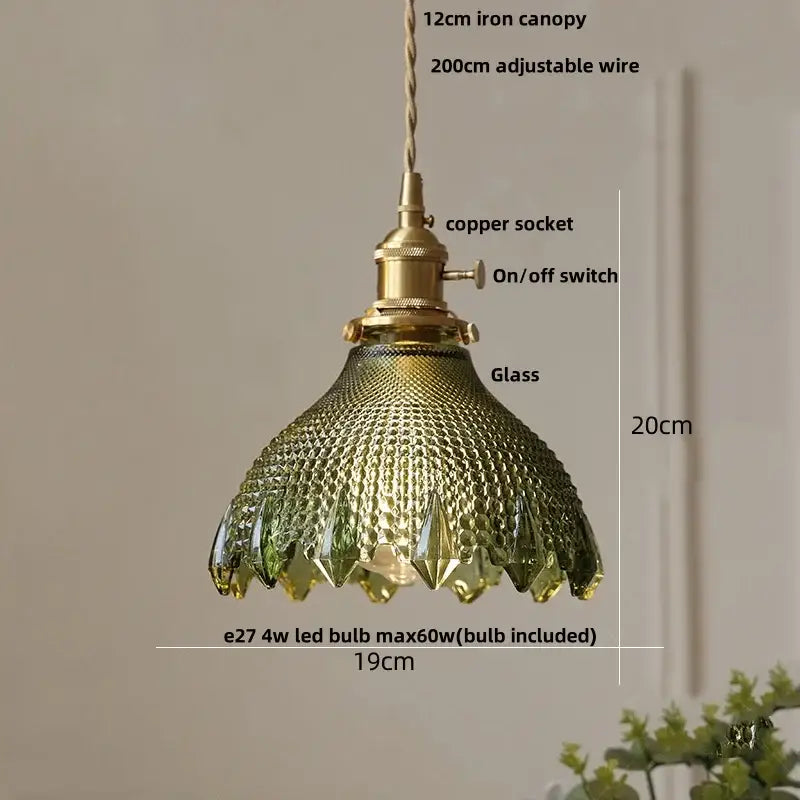 Modern brass textured glass led pendant light with emerald green shade and brass finish for kitchen use