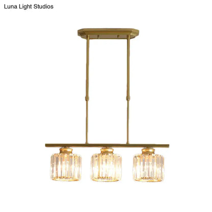 Modern brass triple crystal ceiling pendant light with chain cord length for elegant dining room lighting