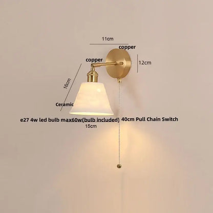 Modern brass wall lamp with copper finish ceramic lampshade and pull chain switch for bedroom reading decorbites copper led wall