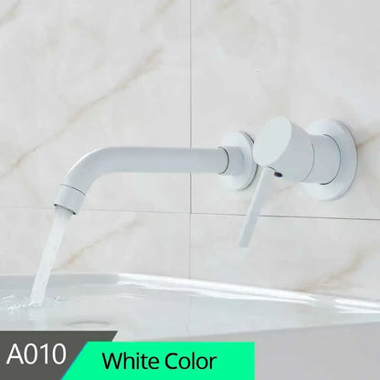 White matte-finish modern brass wall mount basin faucet with curved spout for bathroom use