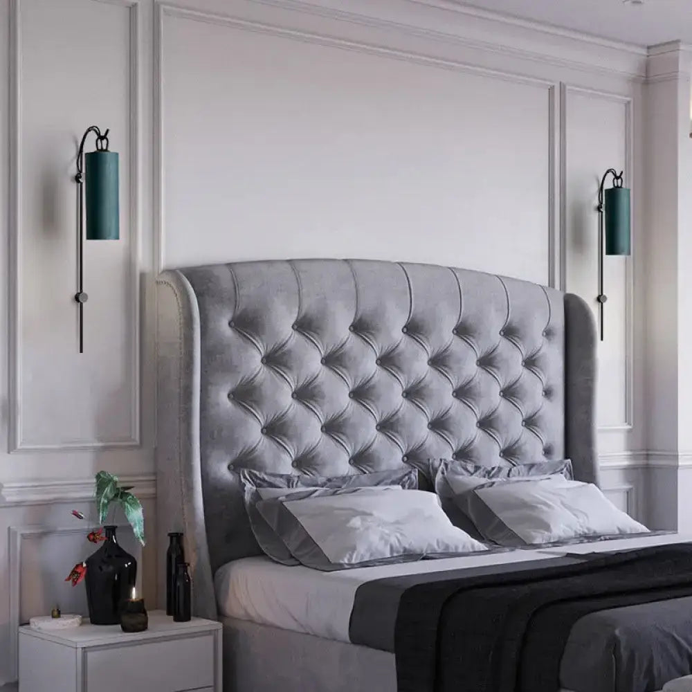 Modern brass and white wall sconce with gray tufted velvet headboard direct wired electric 220v-240v in living room