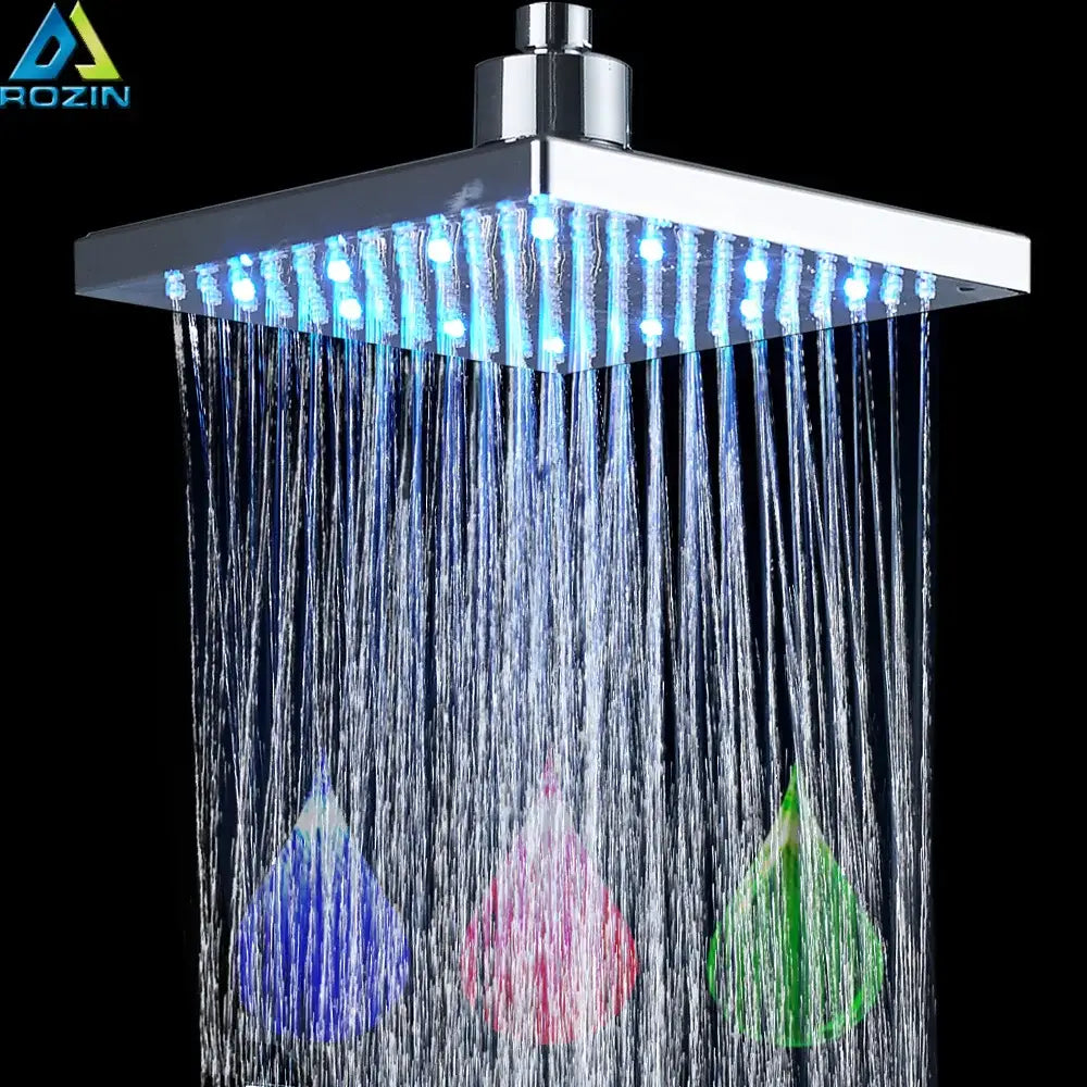 Modern bright chrome led rainfall shower head with chrome finish multiple water streams and blue led lights decorbites bright chrome