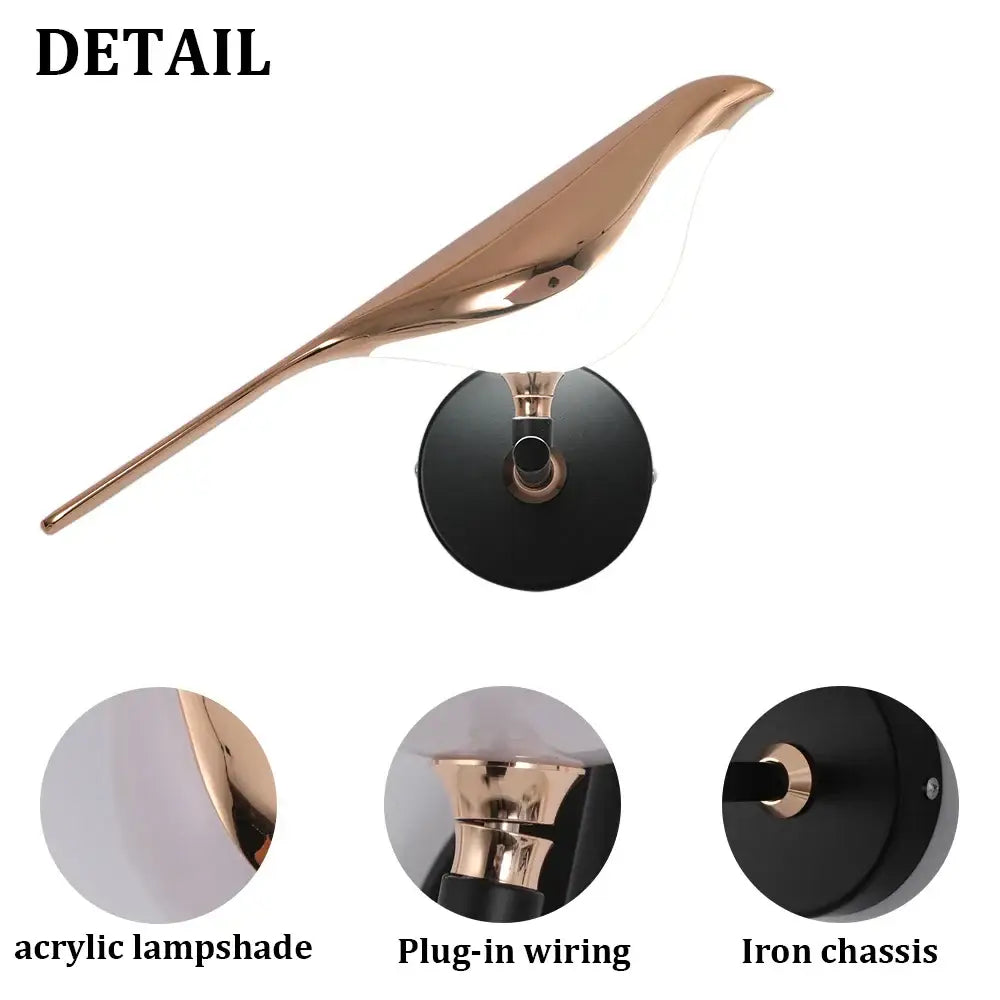 A sleek rose gold decorbites bird wall light with glossy acrylic shade and black iron base for modern living room decor