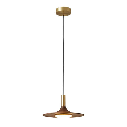 A modern bronze black walnut ufo pendant light with a sleek brass shade and black cord for dining room decorbites black walnut