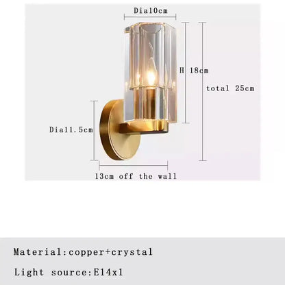 Modern bronze copper crystal wall lamp featuring a gold-toned copper frame and cylindrical glass shade for bedroom lighting