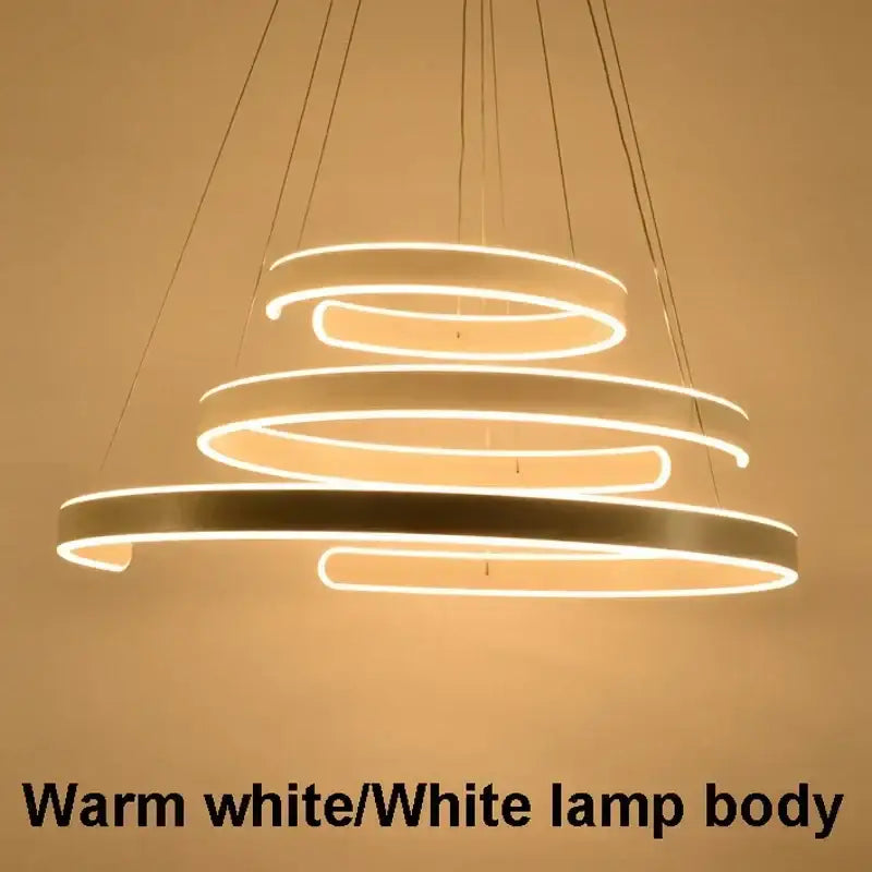 Modern bronze geometric spiral pendant light fixture with warm white led rings and sleek metallic body for dining room