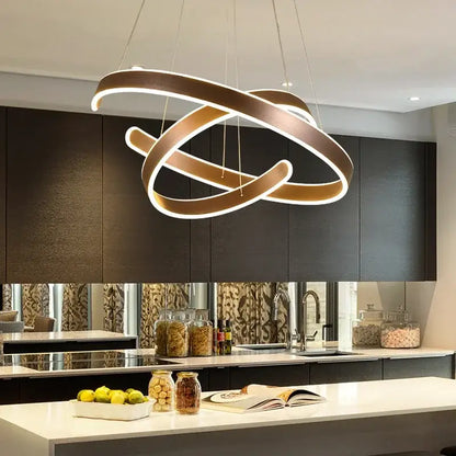 Modern bronze geometry circle rings led pendant light with intertwined circular rings and glowing white illumination