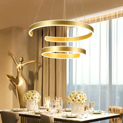 Modern bronze geometry circle rings pendant light with gold-toned spiral design and integrated LED for living room