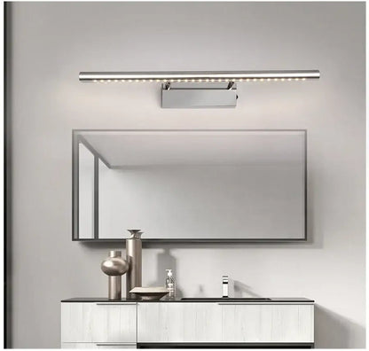 Modern bronze led mirror light featuring a chrome-finished elongated design with integrated mirror reflector by decorbites