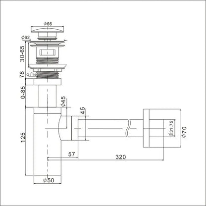 Technical drawing of decorbites bronze round siphon bottle trap bathroom sink drain pipe with chrome finish and dimensions