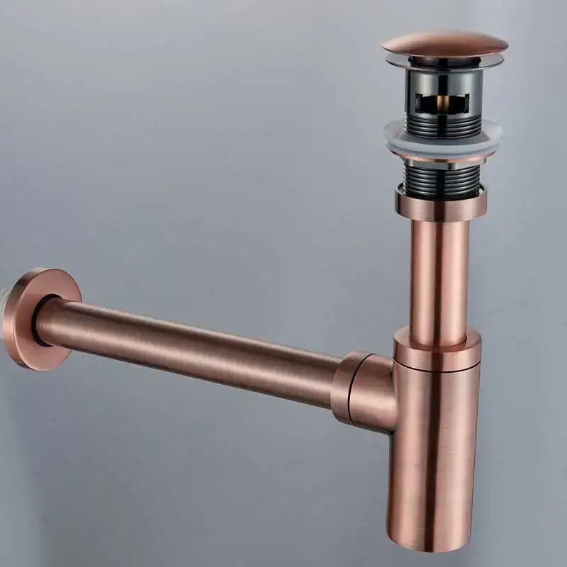 Modern bronze round siphon bathroom sink drain pipe with copper-toned decorbites bronze round brushed metal finish