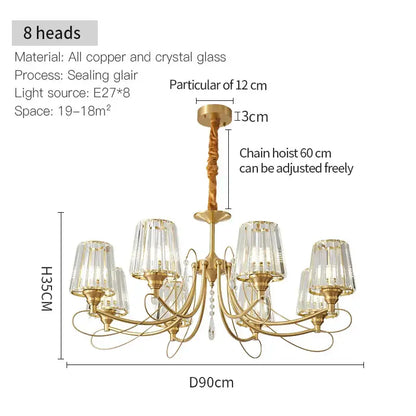 Modern bronze villa copper chandelier with eight crystal ribbed glass shades and copper arms for living room luxury light