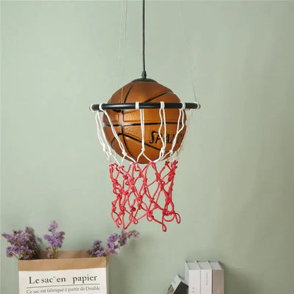 Modern brown basketball pendant lights featuring a spalding basketball and a red white miniature hoop decorbites basketball pendant