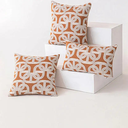 Caramel-colored modern brown coffee geometric cushion cover with white embroidered chain-link pattern for living room decorbites brown coffee pillow case