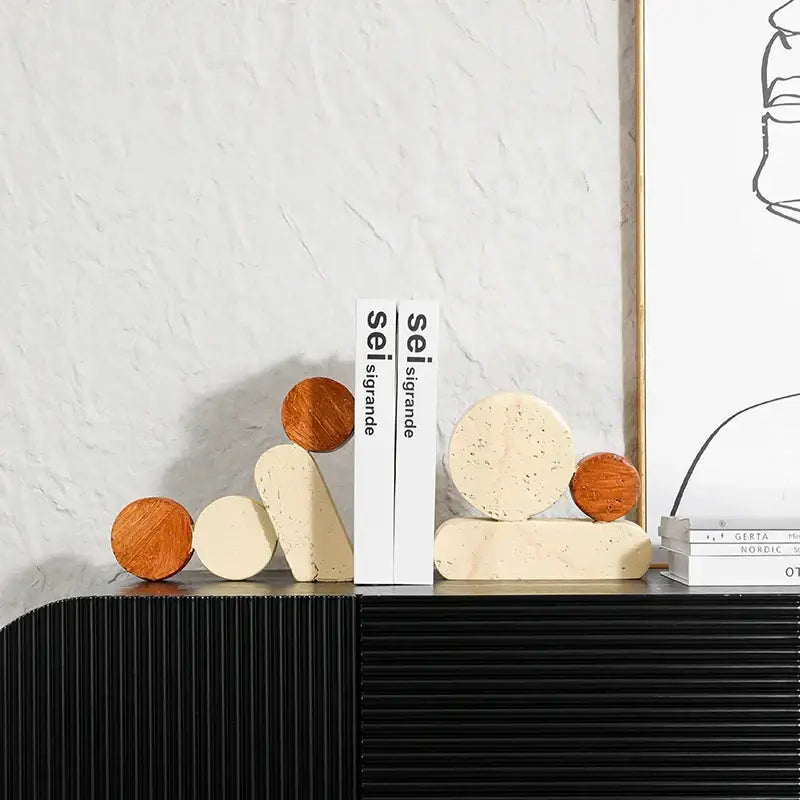 Modern brown and cream geometric circle resin handicrafts bookends in natural wood and textured stone for living room decorbites geometric circle