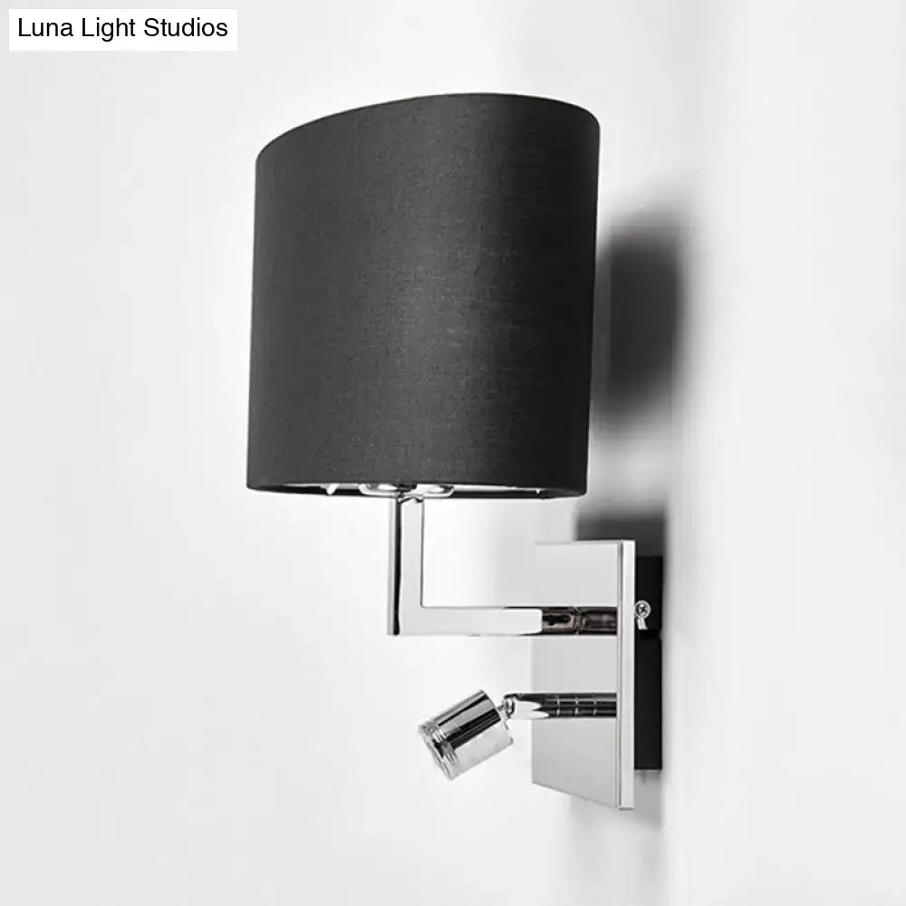 Black cylindrical fabric lampshade wall light mounted on chrome finished adjustable spotlight bedroom sconce