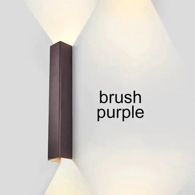 Modern brushed aluminum rectangular wall sconce in purple with sleek design for bedroom ambient lighting