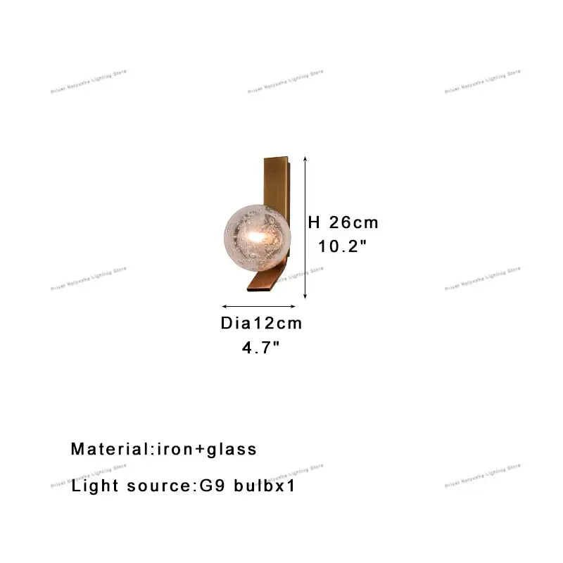 Modern spherical glass globe wall sconce lamp with bronze iron base and etched design for bedroom lighting