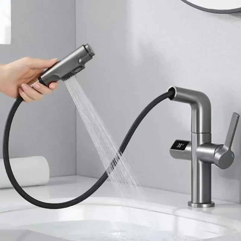 Modern brushed brass basin faucet with digital temperature display and flexible black hose handheld spray nozzle decorbites brass basin faucet