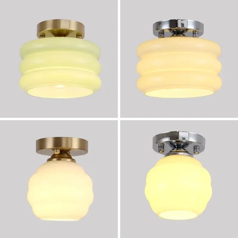 Set of four vintage-style flush-mount ceiling lights with decorbites creamy glass iron shades in gold and chrome finishes