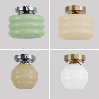 Set of four vintage-style ceiling lights with decorbites creamy glass iron shades in mint green cream and white with brass fixtures