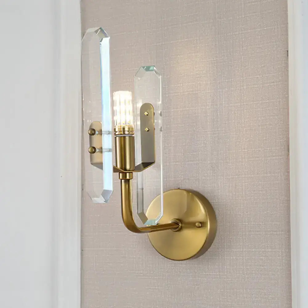 Modern brushed brass sconce light with two clear crystal shade accents for living room wall mounting