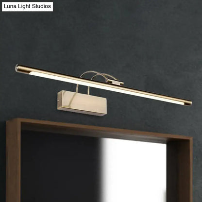 Modern brushed brass wall light with gold-finished led mirror light, sleek rectangular fixture, and curved mounting arms