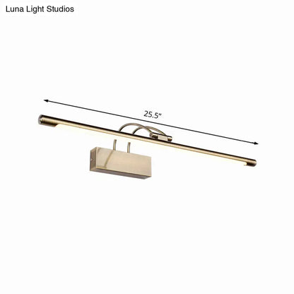 A sleek 25.5 inch modern brushed brass wall light with rectangular housing ideal for bathroom sconce use