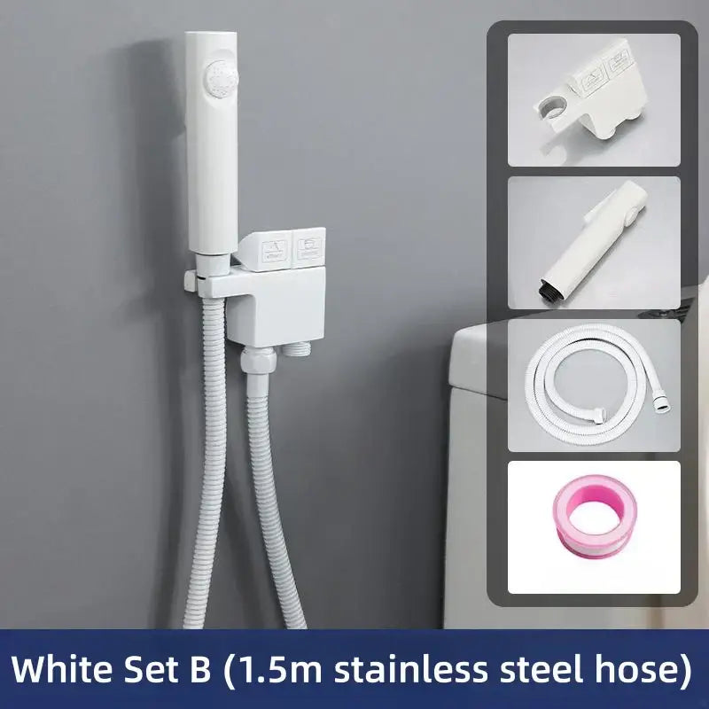 White wall-mounted bidet spray with 1.5m stainless steel hose and matching plastic parts for decorbites copper bidet