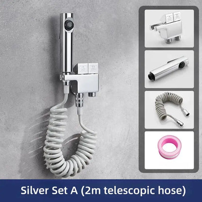 Silver handheld showerhead with sleek chrome finish for modern brushed copper bidet spray decorbites copper bidet set