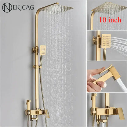 Modern brushed gold shower faucet set with 10-inch square rainhead, handheld spray nozzle, and wall-mounted control valve